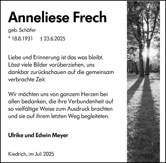 Traueranzeige von Anneliese Frech von Rheingau Kurier