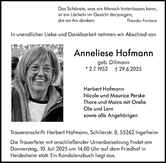 Traueranzeige von Anneliese Hofmann von Allgemeine Zeitung Rheinhessen-Nahe