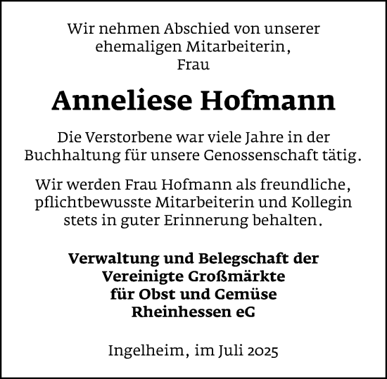 Traueranzeige von Anneliese Hofmann von Allgemeine Zeitung Rheinhessen-Nahe