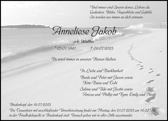 Traueranzeige von Anneliese Jakob von Hinterländer Anzeiger