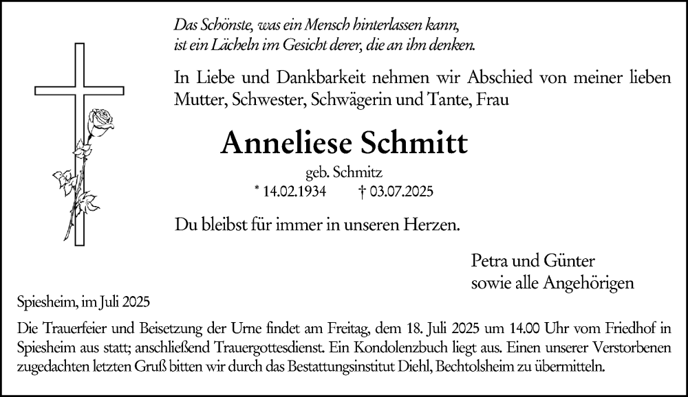  Traueranzeige für Anneliese Schmitt vom 12.07.2025 aus Allgemeine Zeitung Alzey