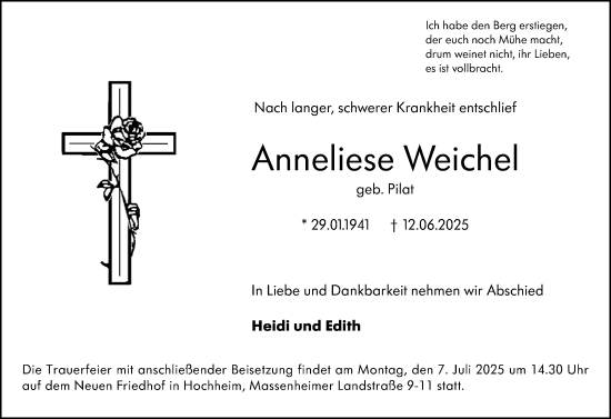 Traueranzeige von Anneliese Weichel von Hochheimer Zeitung
