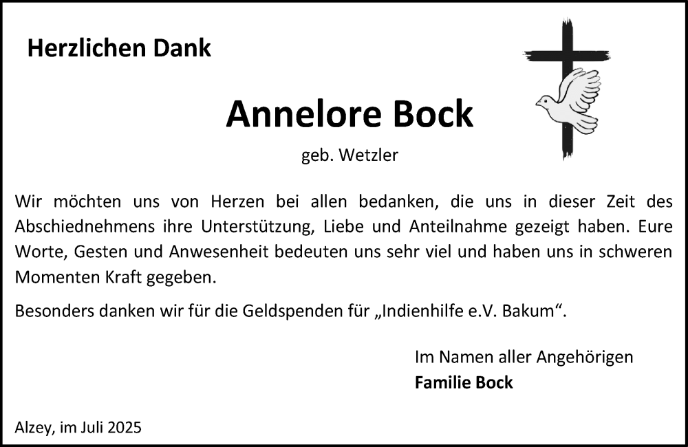  Traueranzeige für Annelore Bock vom 26.07.2025 aus Allgemeine Zeitung Alzey