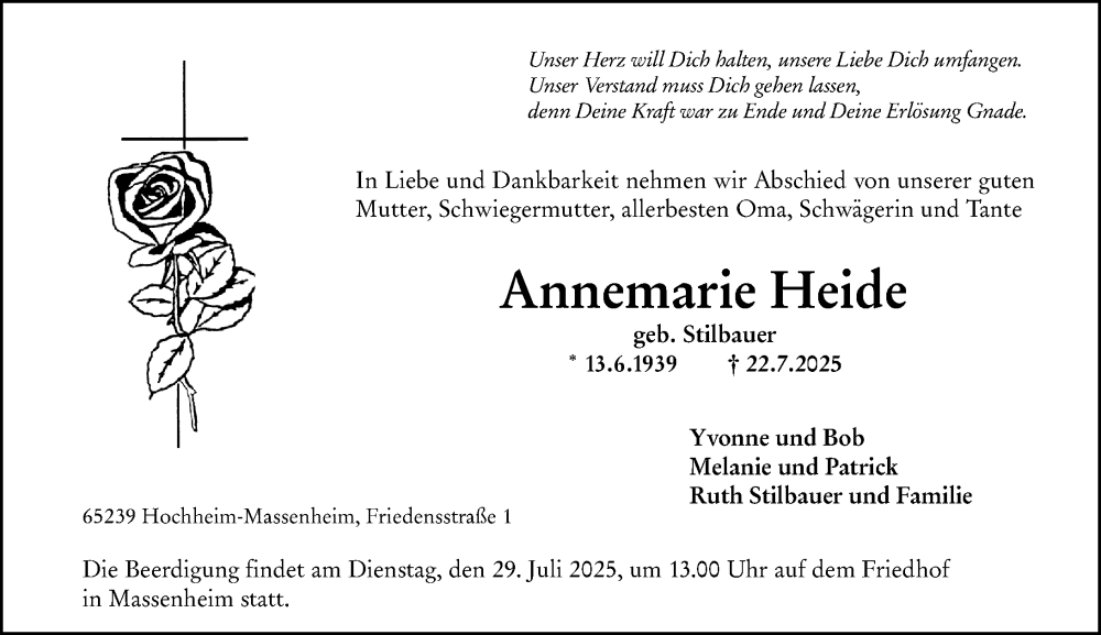  Traueranzeige für Annemarie Heide vom 25.07.2025 aus Hochheimer Zeitung