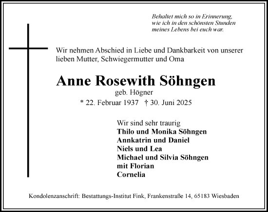 Traueranzeige von Anne Rosewith Söhngen von Wiesbadener Kurier
