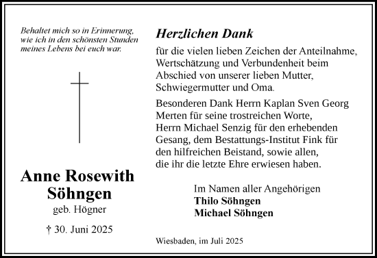 Traueranzeige von Anne Rosewith Söhngen von Wiesbadener Kurier