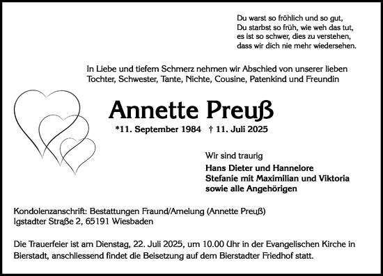 Traueranzeige von Annette Preuß von Wiesbadener Kurier