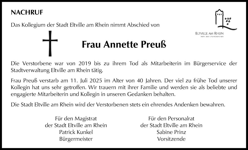  Traueranzeige für Annette Preuß vom 23.07.2025 aus Rheingau Kurier