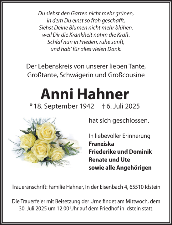 Traueranzeige von Anni Hahner von Idsteiner Land/Untertaunus