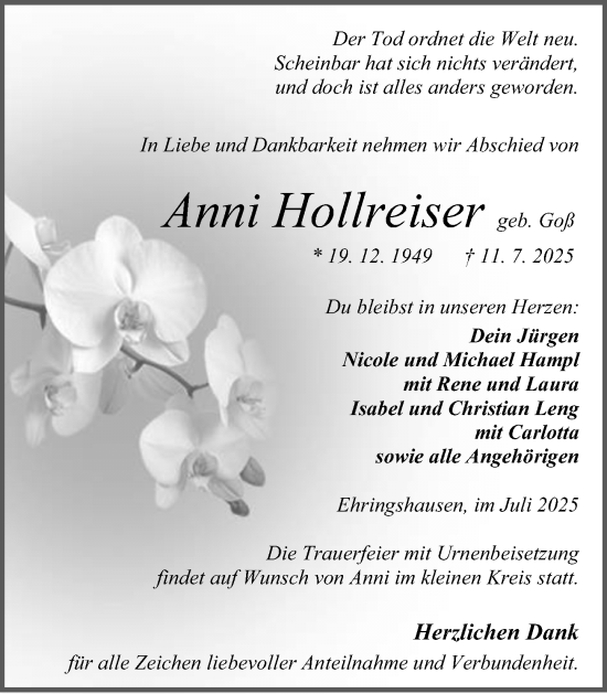 Traueranzeige von Anni Hollreiser von Wetzlarer Neue Zeitung