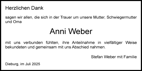 Traueranzeige von Anni Weber von Dieburger Anzeiger/Groß-Zimmerner Lokal-Anzeiger