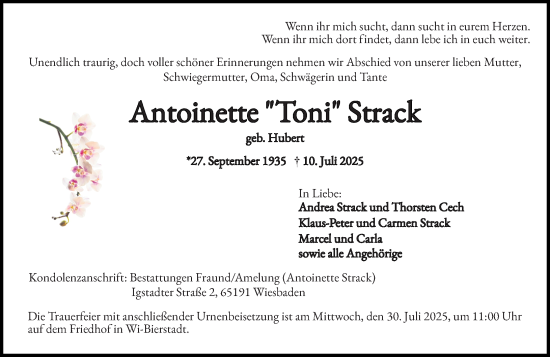 Traueranzeige von Antoinette Strack von Wiesbadener Kurier