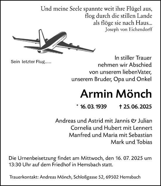 Traueranzeige von Armin Mönch von Darmstädter Echo