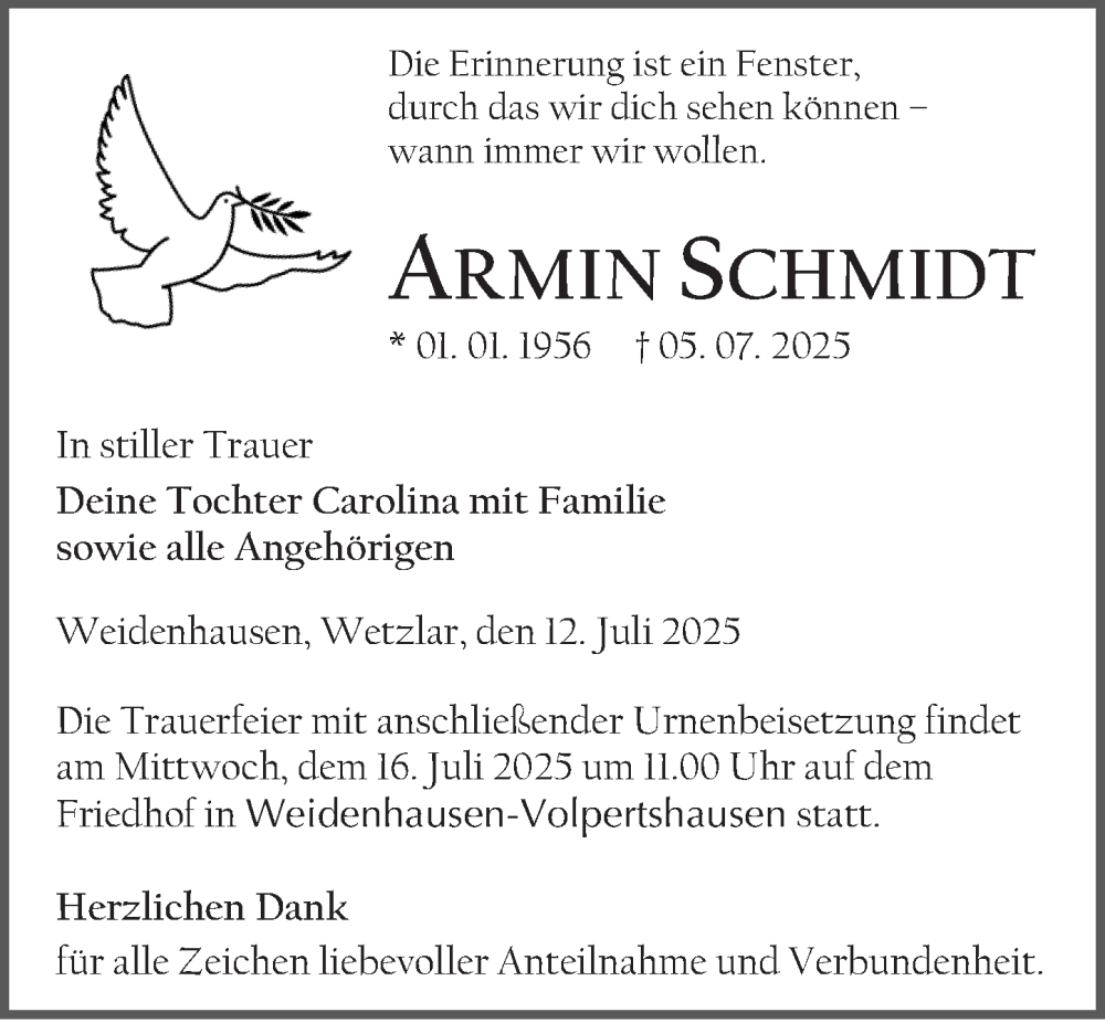  Traueranzeige für Armin Schmidt vom 12.07.2025 aus Wetzlarer Neue Zeitung