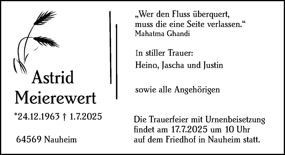  Traueranzeige für Astrid Meierewert vom 12.07.2025 aus Rüsselsheimer Echo