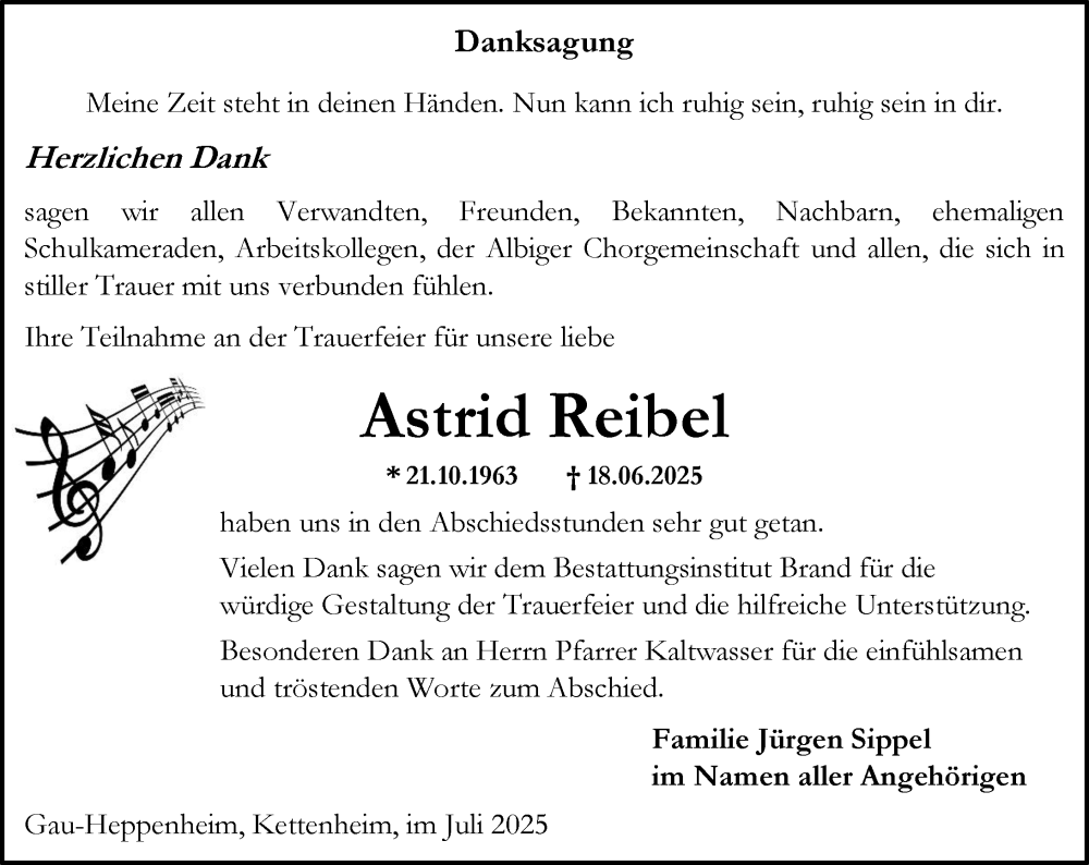  Traueranzeige für Astrid Reibel vom 19.07.2025 aus Allgemeine Zeitung Alzey