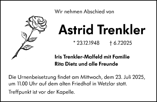 Traueranzeige von Astrid Trenkler von Wetzlarer Neue Zeitung