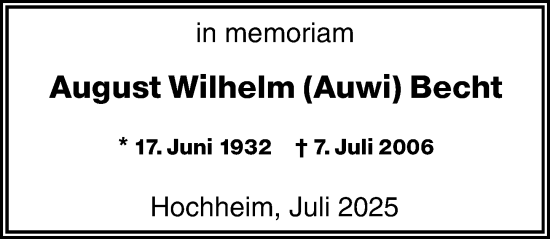 Traueranzeige von August Becht von Hochheimer Zeitung