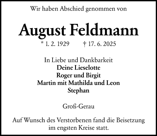 Traueranzeige von August Feldmann von Groß-Gerauer Echo