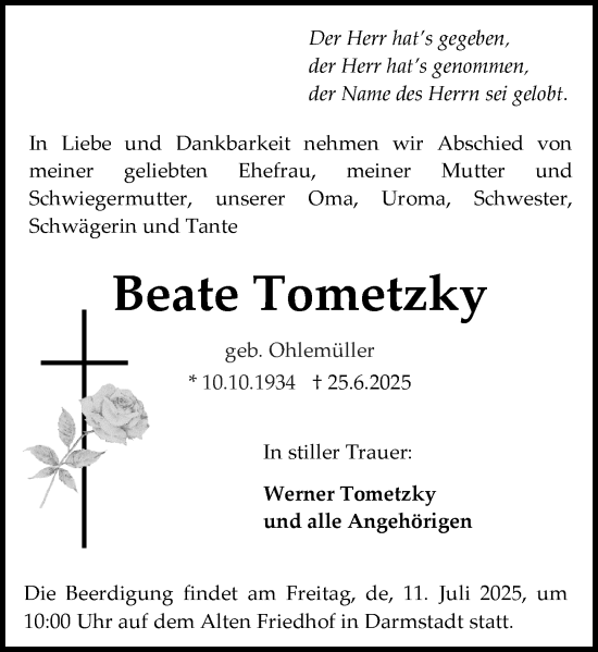 Traueranzeige von Beate Tometzky von Darmstädter Echo