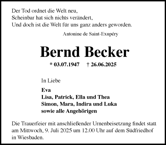 Traueranzeige von Bernd Becker von Wiesbadener Kurier