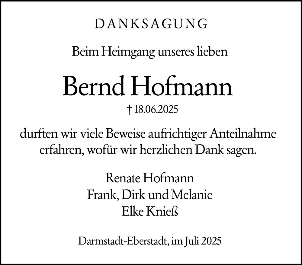  Traueranzeige für Bernd Hofmann vom 05.07.2025 aus Darmstädter Echo