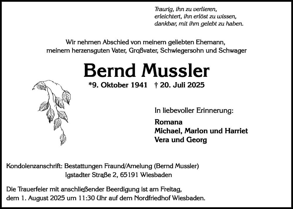  Traueranzeige für Bernd Mussler vom 26.07.2025 aus Wiesbadener Kurier