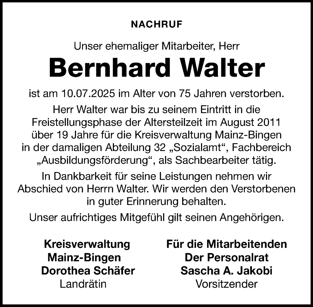  Traueranzeige für Bernhard Walter vom 31.07.2025 aus Allgemeine Zeitung Mainz