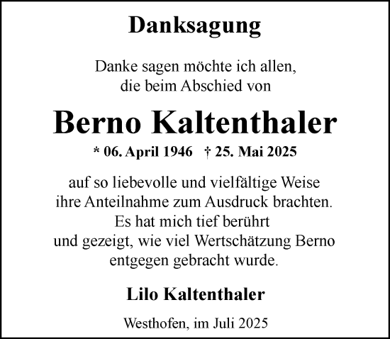 Traueranzeige von Berno Kaltenthaler von Wormser Zeitung