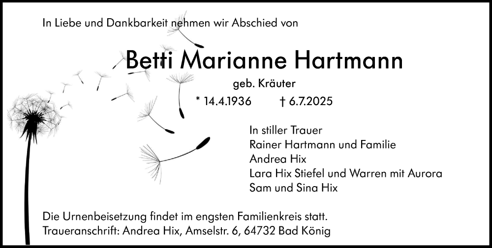  Traueranzeige für Betti Marianne Hartmann vom 12.07.2025 aus Odenwälder Echo