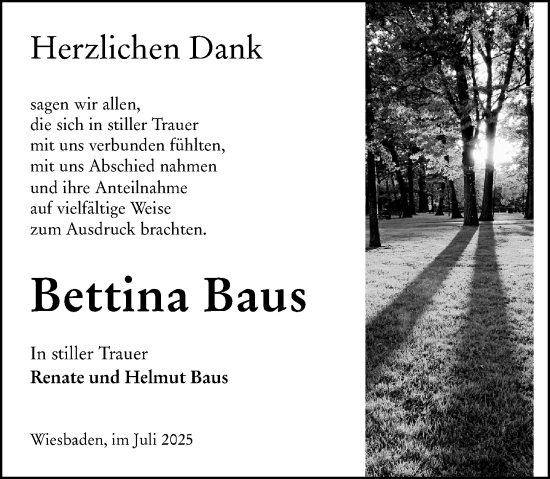 Traueranzeige von Bettina Baus von Wiesbadener Kurier