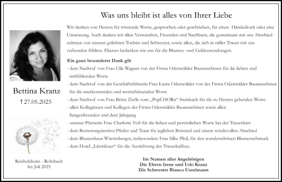 Traueranzeige von Bettina Kranz von Odenwälder Echo