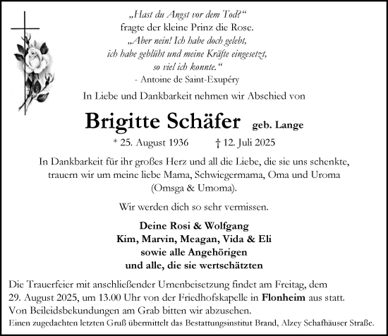 Traueranzeige von Brigitte Schäfer von Allgemeine Zeitung Alzey