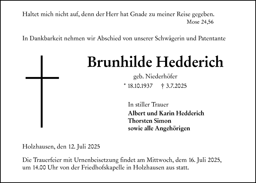 Traueranzeige für Brunhilde Hedderich vom 12.07.2025 aus Hinterländer Anzeiger
