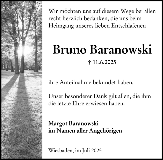 Traueranzeige von Bruno Baranowski von Wiesbadener Kurier