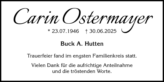 Traueranzeige von Carin Ostermayer von Allgemeine Zeitung Mainz