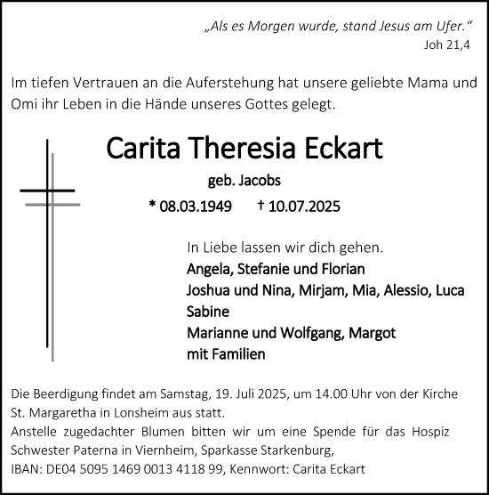 Traueranzeige von Carita Theresia Eckart von Allgemeine Zeitung Alzey