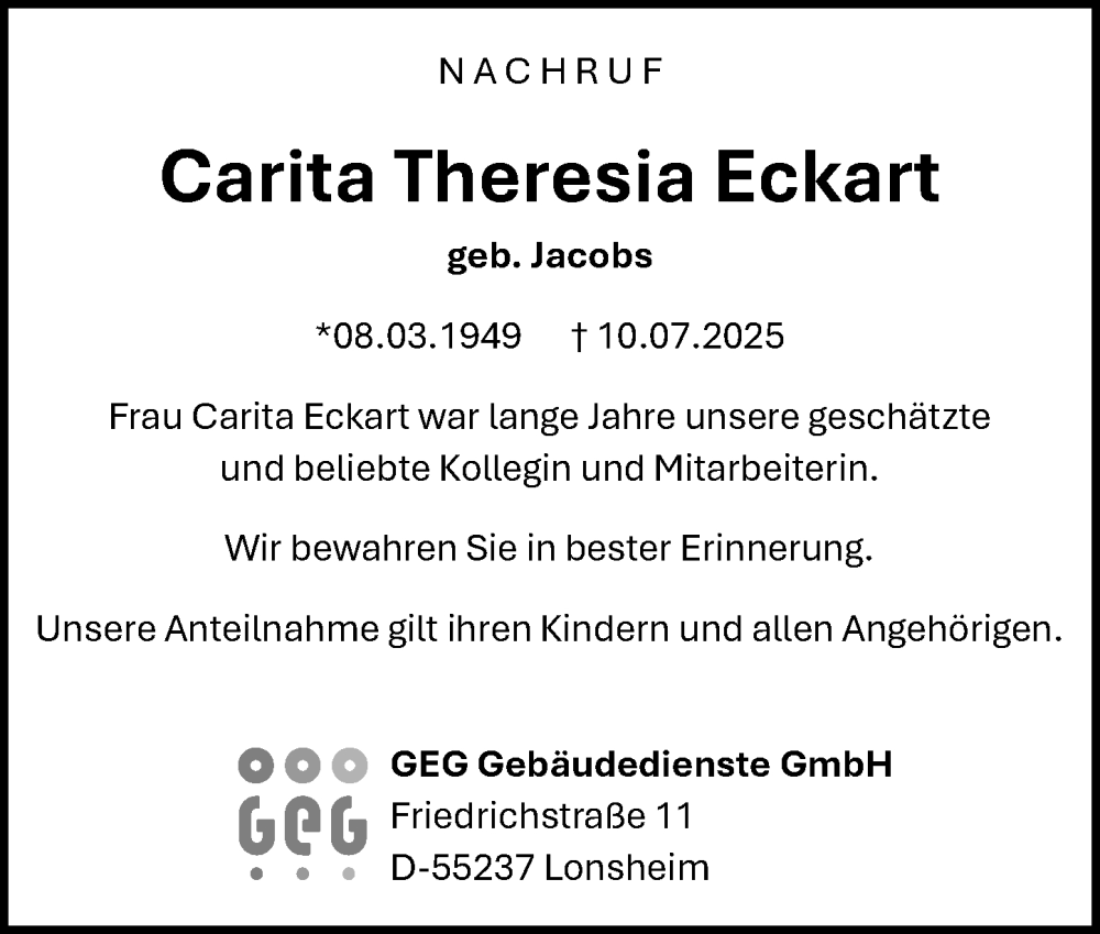  Traueranzeige für Carita Theresia Eckhart vom 19.07.2025 aus Allgemeine Zeitung Alzey