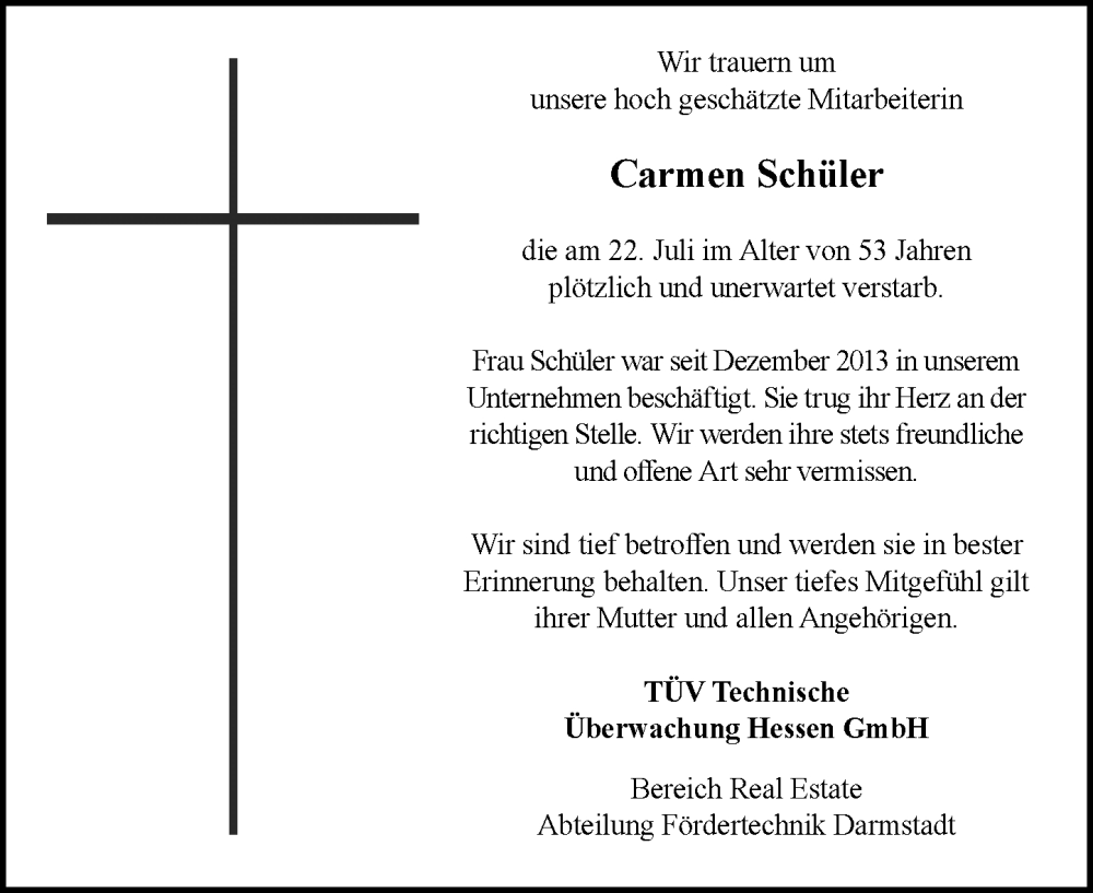 Traueranzeige für Carmen Schüler vom 26.07.2025 aus Odenwälder Echo