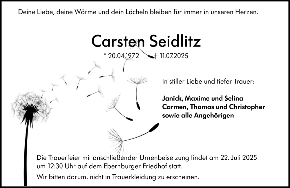  Traueranzeige für Carsten Seidlitz vom 19.07.2025 aus Allgemeine Zeitung Rheinhessen-Nahe
