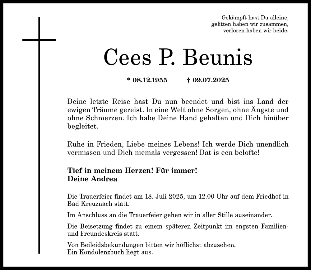  Traueranzeige für Cees P. Beunis vom 12.07.2025 aus Allgemeine Zeitung Rheinhessen-Nahe