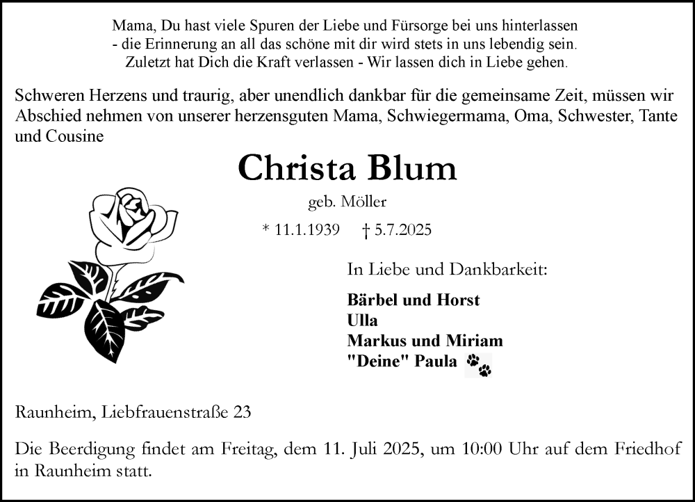  Traueranzeige für Christa Blum vom 09.07.2025 aus Rüsselsheimer Echo