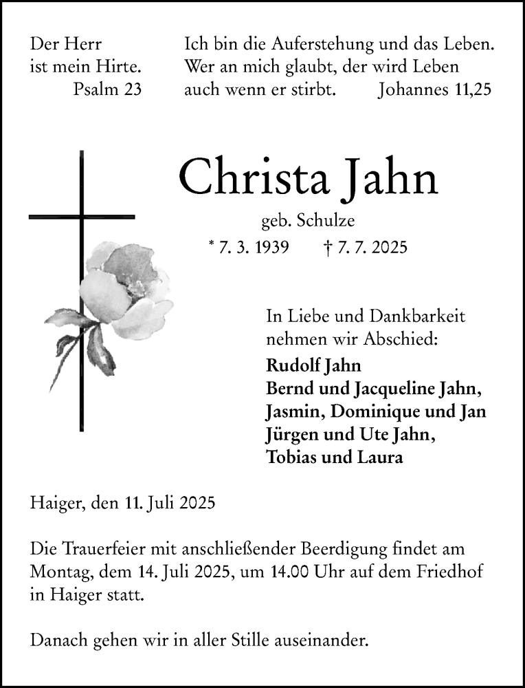  Traueranzeige für Christa Jahn vom 11.07.2025 aus Dill Block
