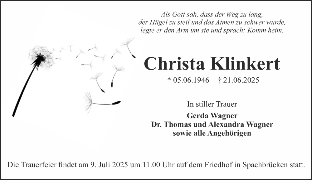 Traueranzeige für Christa Klinkert vom 05.07.2025 aus Darmstädter Echo