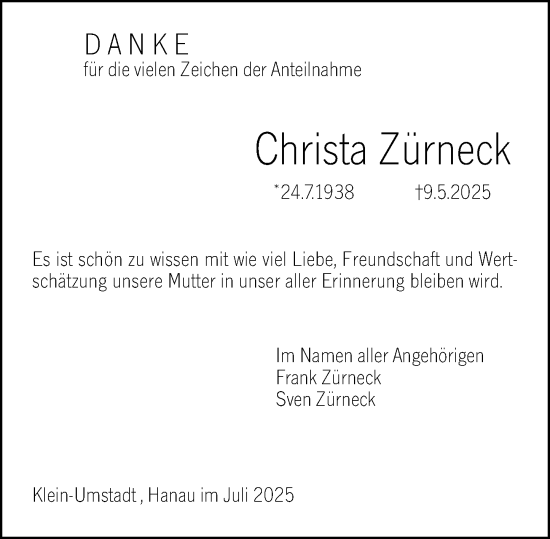 Traueranzeige von Christa Zürneck von Dieburger Anzeiger/Groß-Zimmerner Lokal-Anzeiger