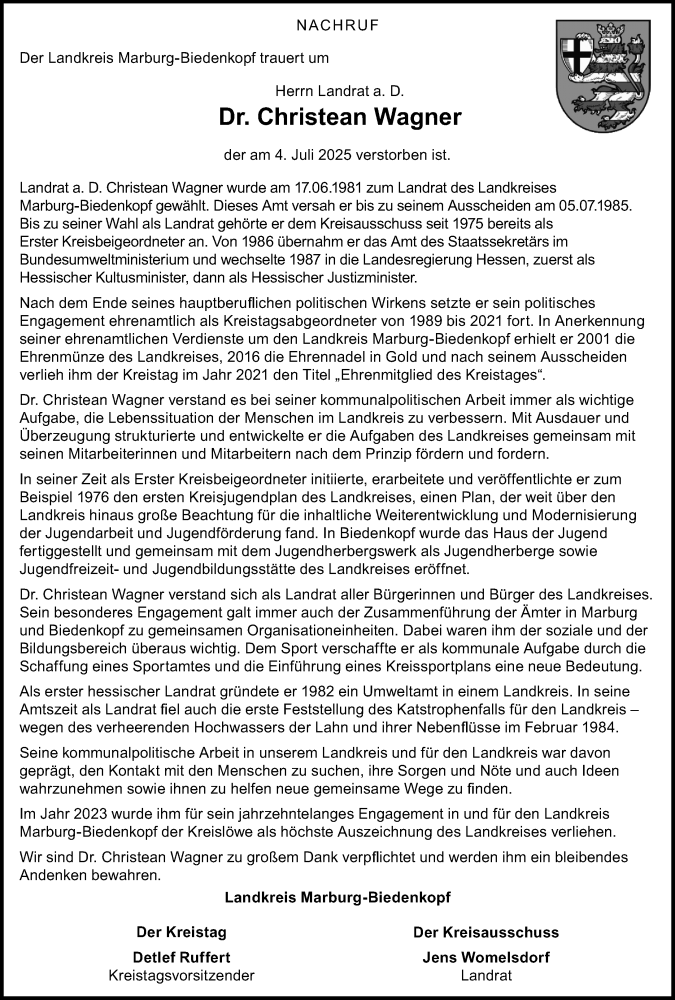  Traueranzeige für Christean Wagner vom 12.07.2025 aus Hinterländer Anzeiger