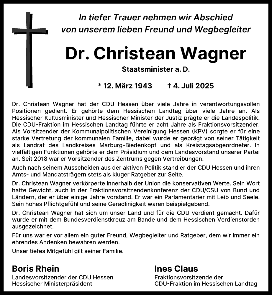  Traueranzeige für Christean Wagner vom 10.07.2025 aus Hinterländer Anzeiger