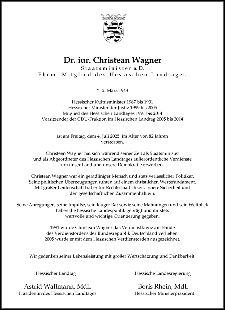  Traueranzeige für Christean Wagner vom 12.07.2025 aus Wiesbadener Kurier