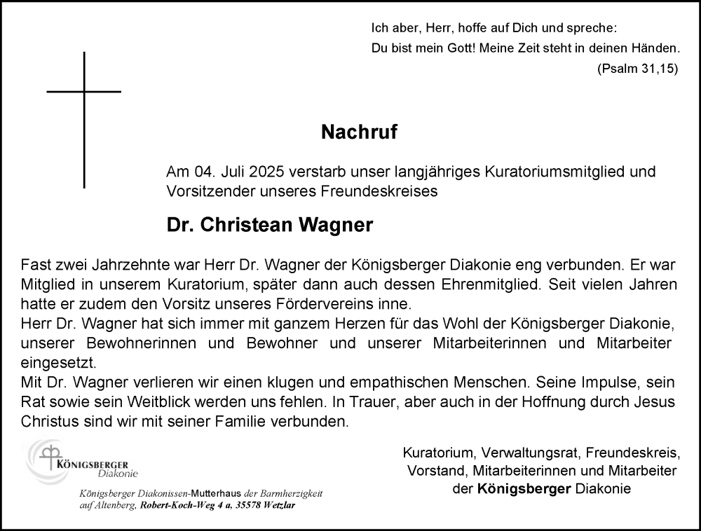  Traueranzeige für Christean Wagner vom 19.07.2025 aus Wetzlarer Neue Zeitung