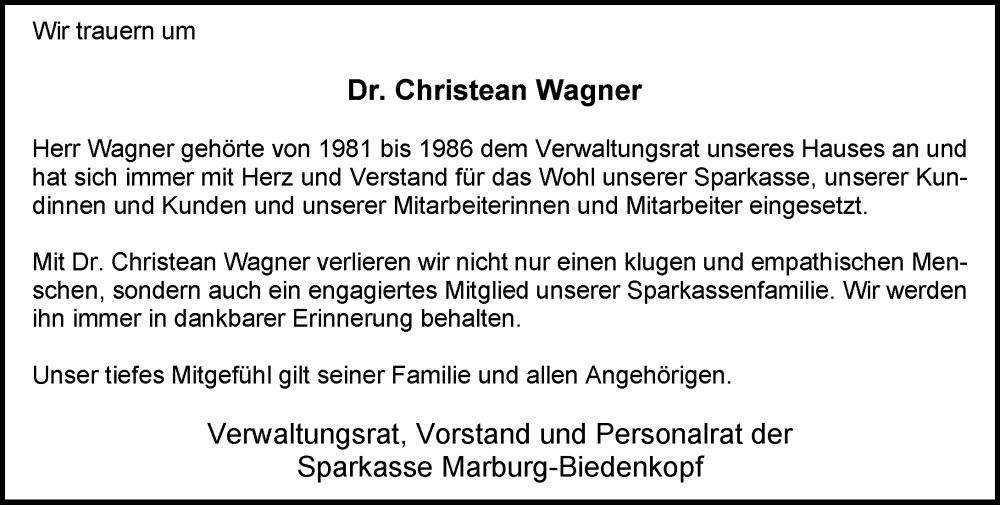  Traueranzeige für Christean Wagner vom 12.07.2025 aus Hinterländer Anzeiger